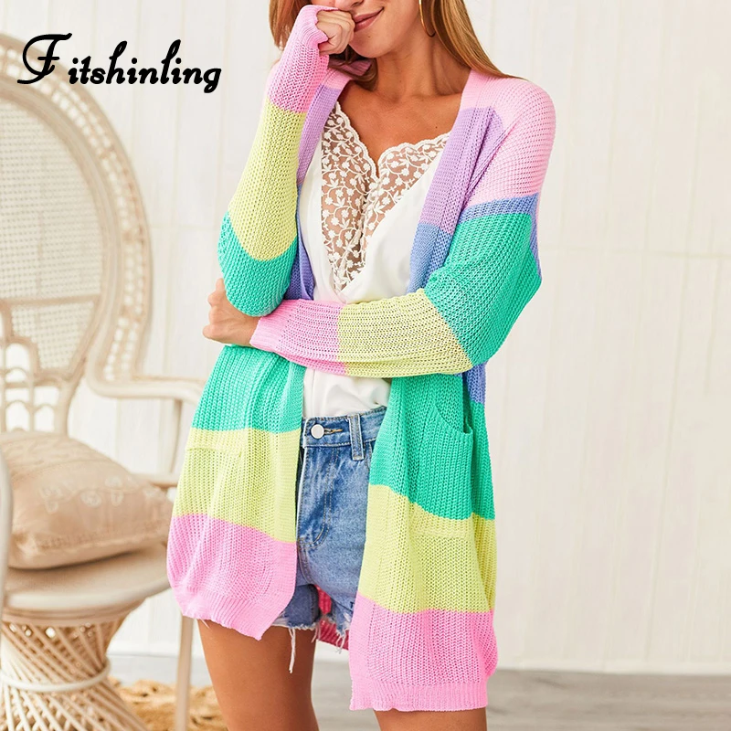 

Fitshinling Rainbow Striped Kawaii Korean Cardigans Knitted Jackets Women Pockets Slim Colorful Long Cardigan Female Winter Coat