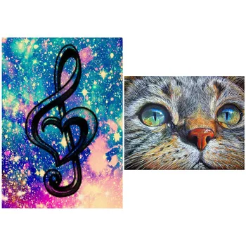 

2 Set 5D Diy Diamond Painting Full Square Diamond Diamond Embroidery - Cat Face & Colorful Starry Sky Music Notation