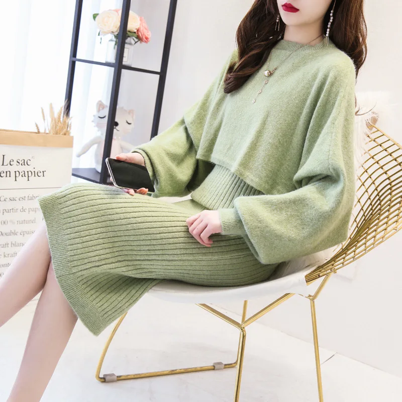 

2019 Autumn And Winter New Style Very Fairy of Graceful Sweater WOMEN'S Suit Two-piece Dress Western Style Slimming Fashion Kore