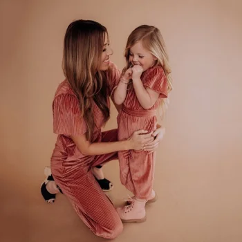 

CYSINCOS Mother Daughter Spring Summer Short Sleeve Cotton Solid Color Jumpsuits Pants Family Matching Outfits One-pieces Romper