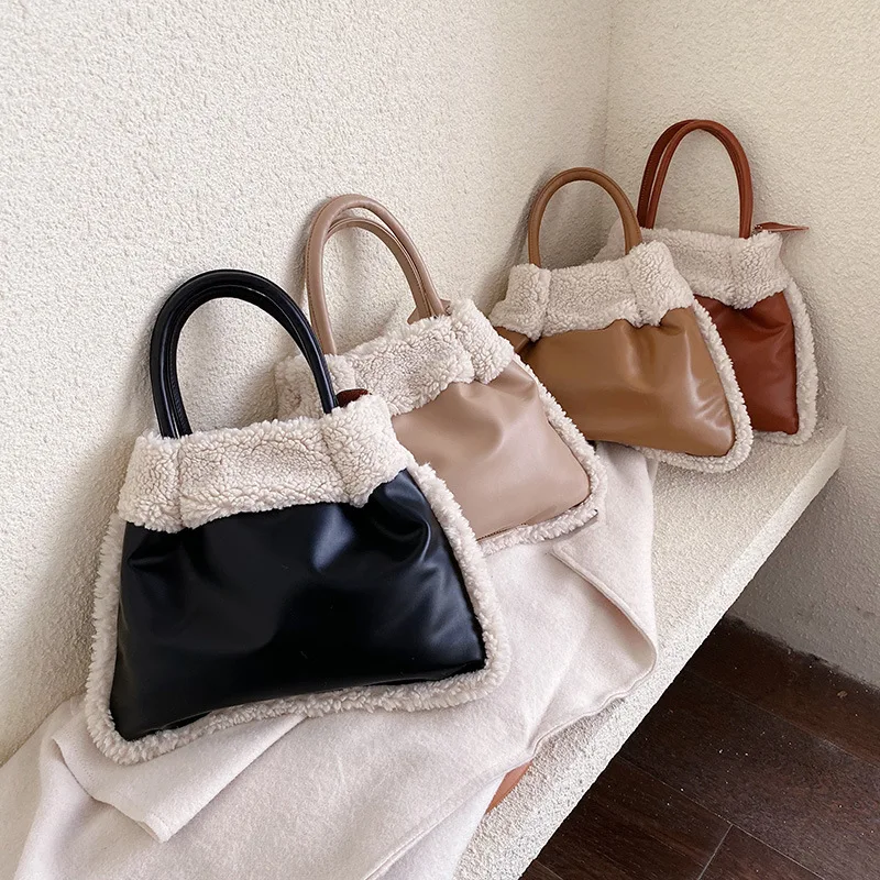 

2019 autumn and winter new wild plush fashion handbag simple retro stitching double-sided fur shoulder Messenger