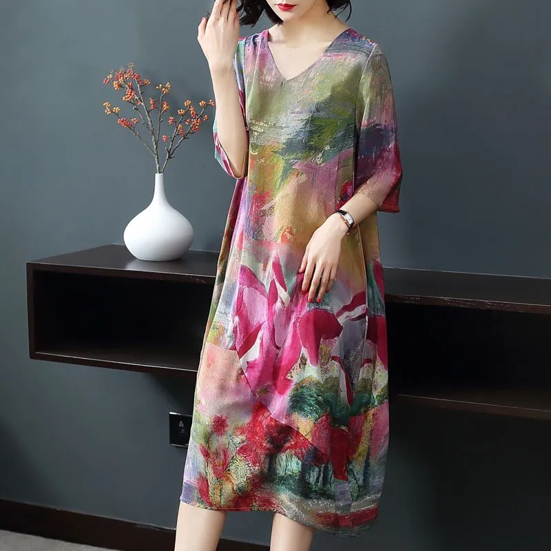 

Women Loose Plus Size Dress V-Neck Summer Tide Pattern Print Dresses Lady Beach Casual Costume Half Sleeve Dresses