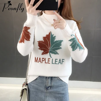 

PEONFLY 2019 Winter Knitted Pullover Sweater Women Turtleneck Harajuku Leaves Pattern Sweater Female Korean Jumper Women