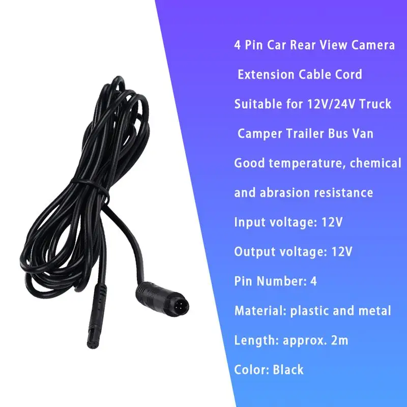Car Dash Rear Camera Extension Cable 2M Vehicle Backup Reverse Cam 4-pin Extension Wire Cord Truck Camper Trailer Bus Van Car