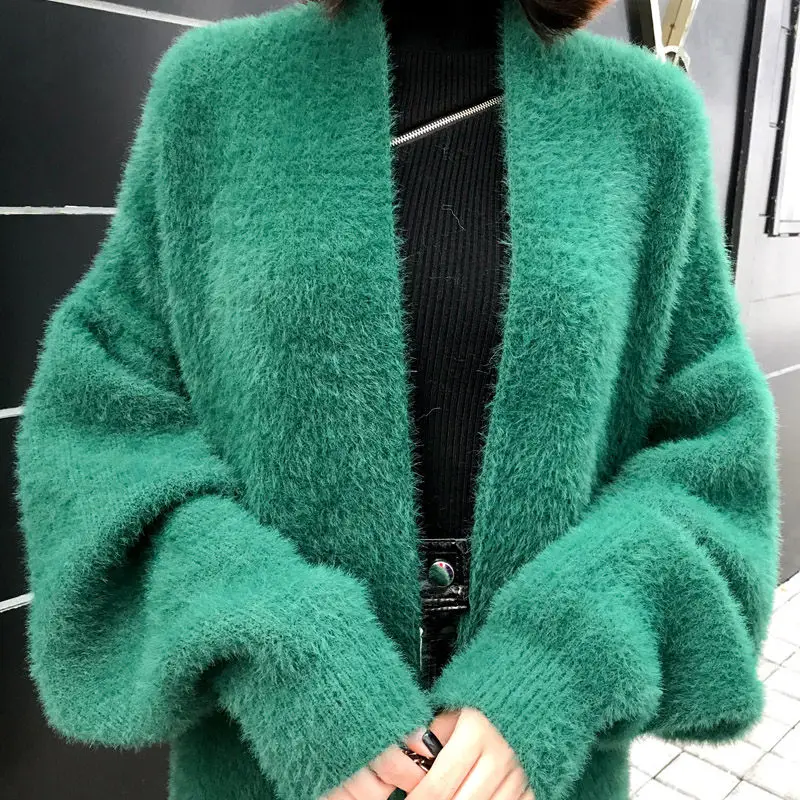 Корейская куртка из искусственного меха норки, свитер, Осень-зима, новая Толстая бархатная одежда, женский большой размер, свободный длинный вязаный кардиган, пальто f1507