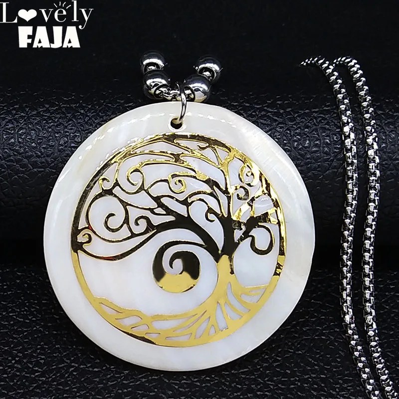 

2020 Fashion Tree of Life Shell Stainless Steel Statement Necklace Women Gold Color Long Necklaces Jewelry cadenas mujer N20094