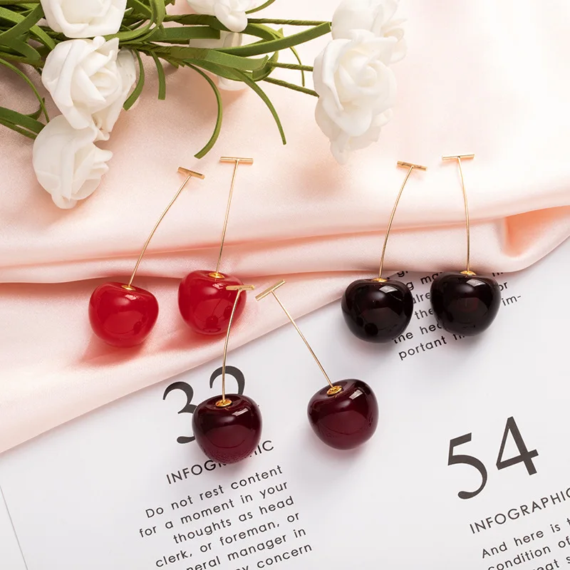 1Pair Cute Simulation Red Cherry Sweet Resin Drop Earring Hot Red Color High Quality For Women Girl Student Fruit Xmas Gift