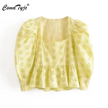 

Sweet Embroidery Hollow Out Blouses Square Collar Puff Sleeve Shirts Female Cute Short Tops Blusas