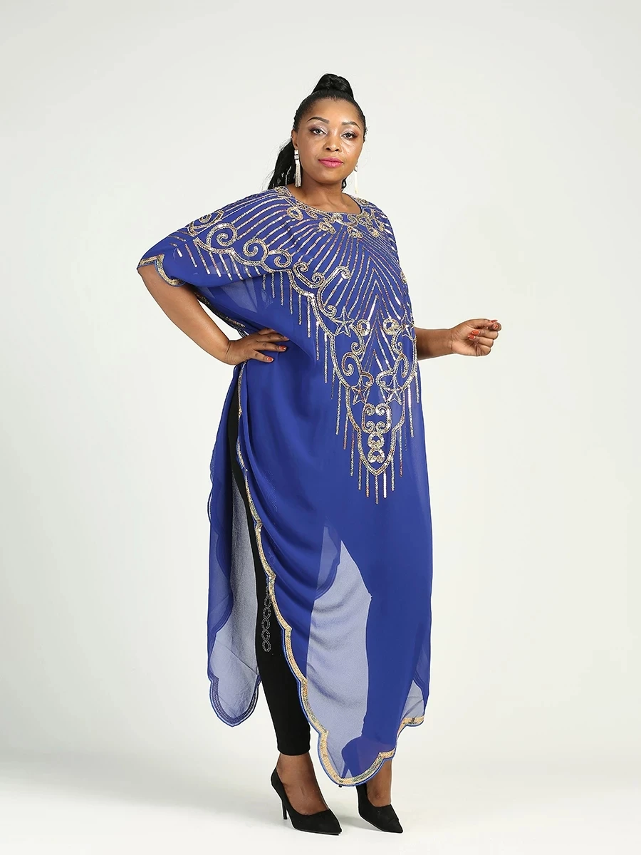 Summer new african women s fashion gown chiffon batwing sleeve sequins and fringes loose versatile