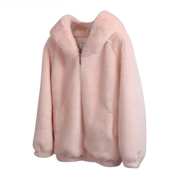 

Winter Warm Female Fleece Jacket Women Plus Size Hooded Plush Jacket Solid Beige Fur Zipper Hooded Teddy Coat
