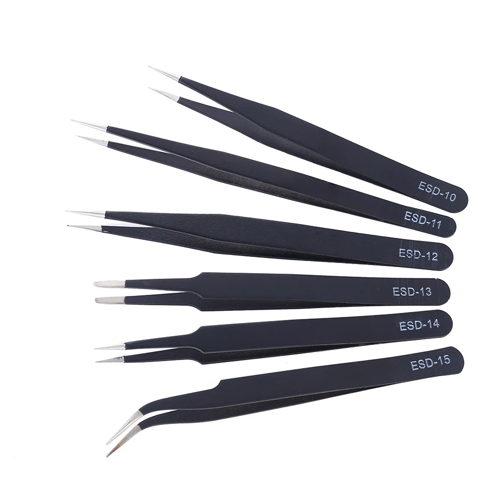 1/6 PCS Anti-static ESD Stainless Steel Tweezers Maintenance Tools Industrial Precision Curved Straight Tweezers Repair Tools best hand planer Hand Tools