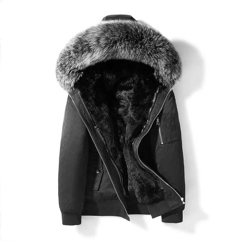 AYUNSUE Зимняя парка, пальто с натуральным мехом, мужская куртка с капюшоном, Воротник из лисьего меха, короткие зимние куртки, подкладка из натурального кроличьего меха, парки 19885 KJ3450 - Цвет: Black-silver fox fur