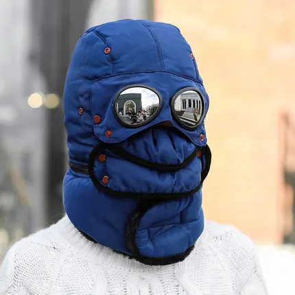 Navy hat scarf Шапки-бомберы для женщин, мужчин, детей, зимняя ветрозащитная Лыжная шапка с ушками и маской, очки пилота, теплые шапки, шапка охотника - Цвет: Navy hat scarf