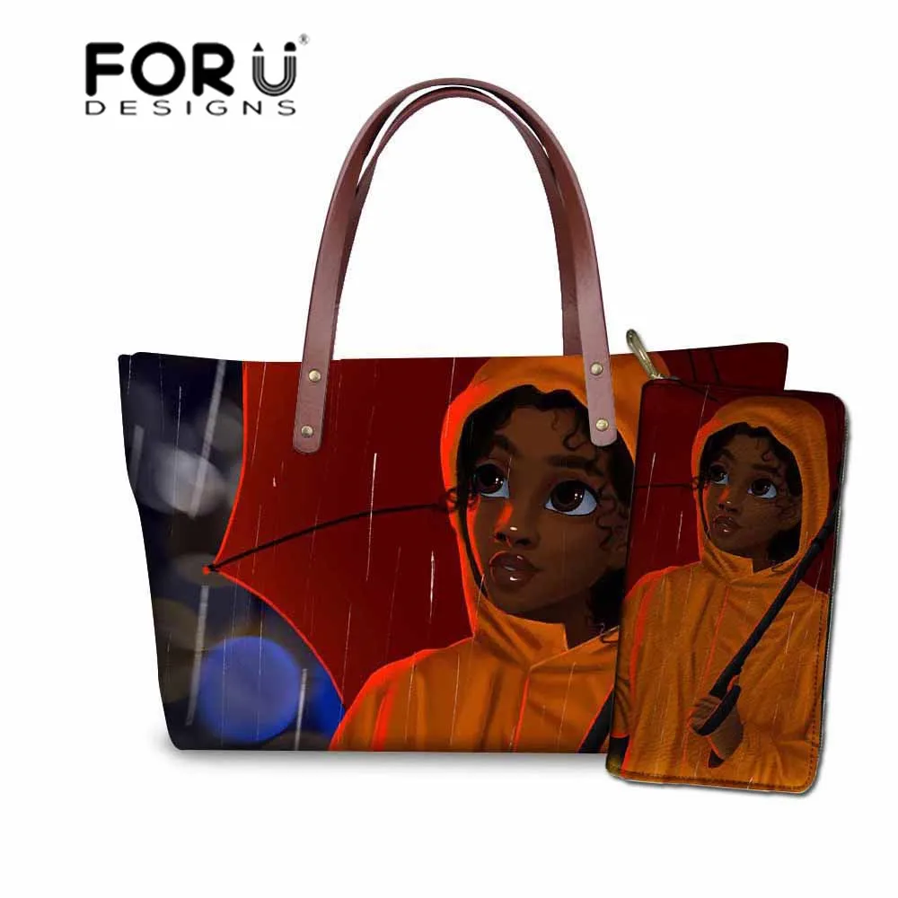 FORUDESIGNS/2 шт./компл. сумки на плечо для женщин 2019 черный дизайн афро леди девочек и