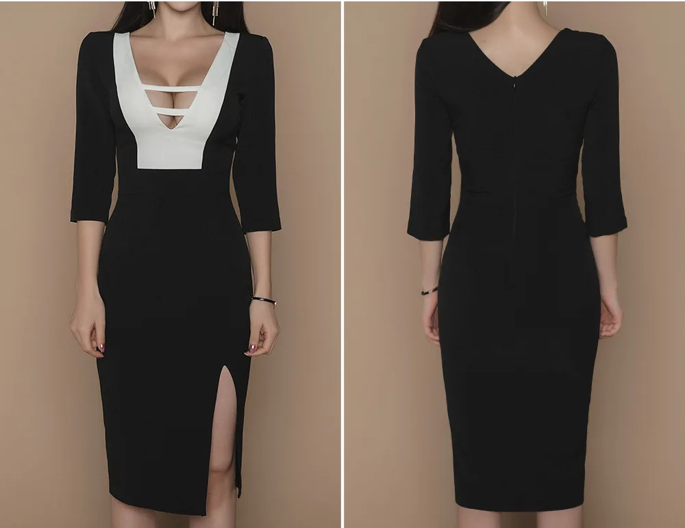 S-XL, черное сексуальное облегающее платье большого размера, женское Бандажное облегающее платье с разрезом в три четверти, женское контрастное облегающее платье для вечеринок