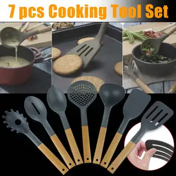 

7 Pcs Kitchen Cooking Set Wooden Handle Silicone Kitchenware Outdoor Camping Tableware Portable Kitchen Cooking Tool Utensil Set