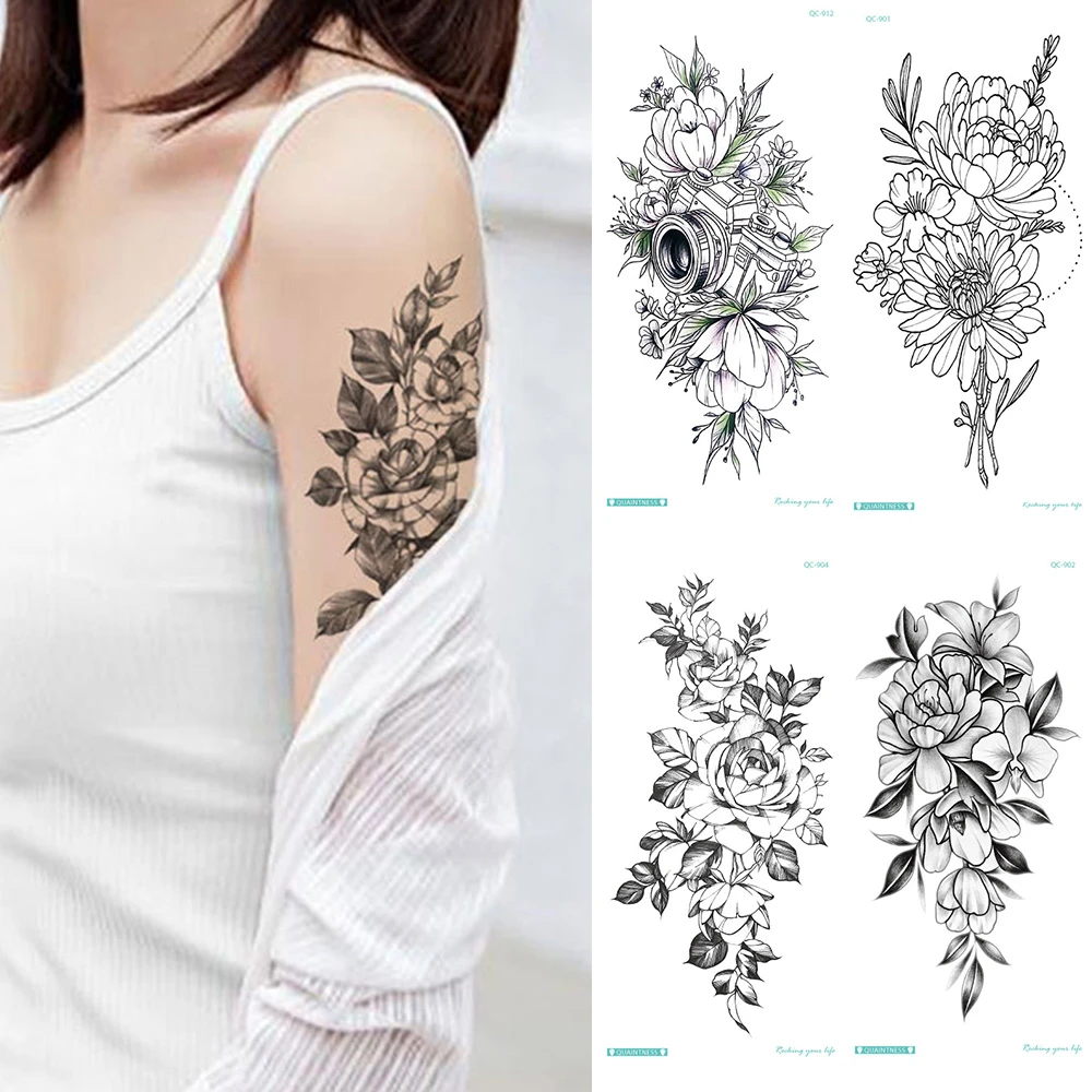 Temporary Tattoo Sticker Music Note Flower Roses Peony Sketches Tattoo Designs Sexy Girls Model Tattoos Arm Leg Black Stickers Temporary Tattoos Aliexpress
