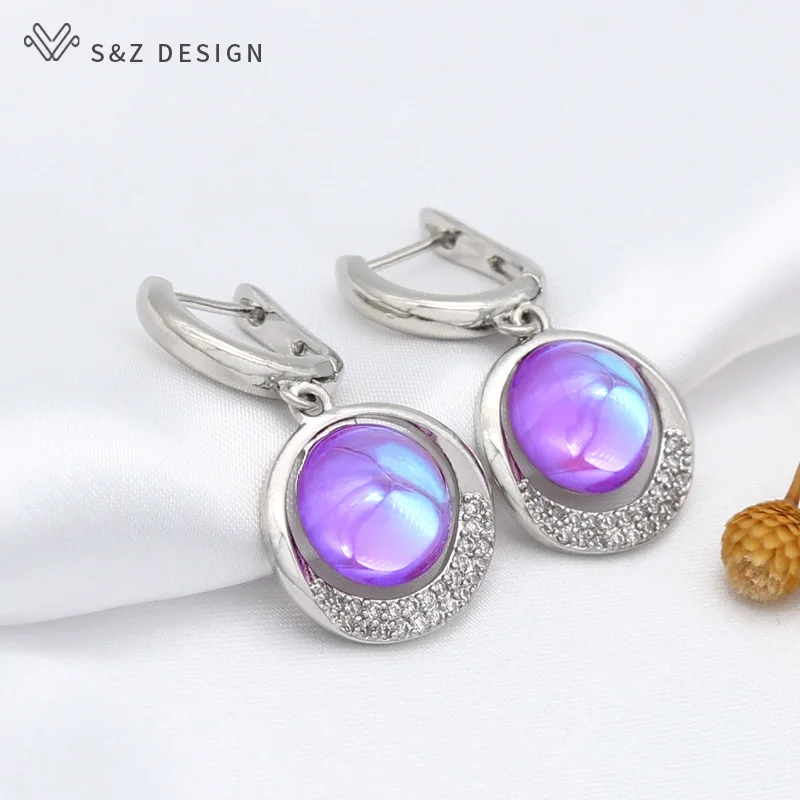 S&Z DESIGN New Trendy 585 Rose Gold Color Cubic Zirconia Round Crystal Dangle Earrings For Women Wedding Jewelry Gift