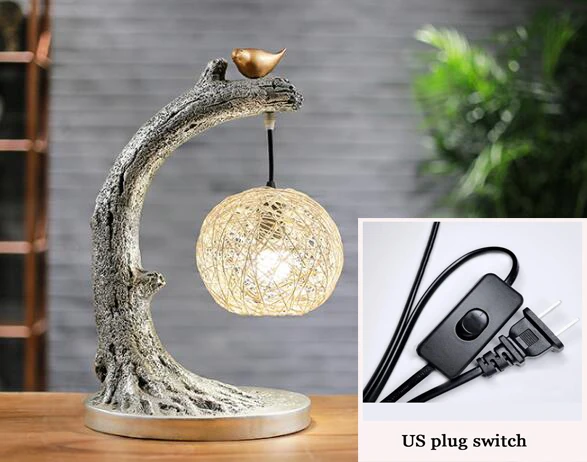Silver color US plug Современная Новинка, китайский переключатель, настольная лампа для гостиной, кабинета, отеля, спальни, прикроватная, античный, бамбук, птица, украшение, чайный Настольный светильник - Цвет абажура: Silver color US plug