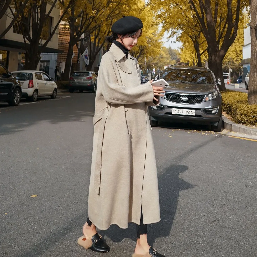 

Photo Shoot Main Push CHIC Elegant Ol Oatmeal Color Long Stand Collar Double Breasted Waist Hugging Lace-up Woolen Cloth Coat Wo