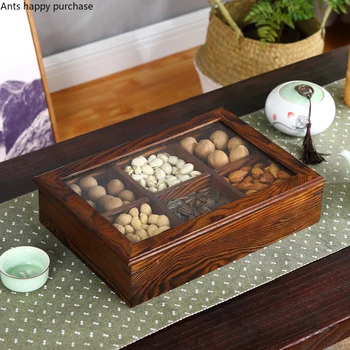 

Six Cells with Cover Candy Box Home Dried Fruit Plate Living Room Snacks Dried Fruit Plate Wooden Product Food Storage Box