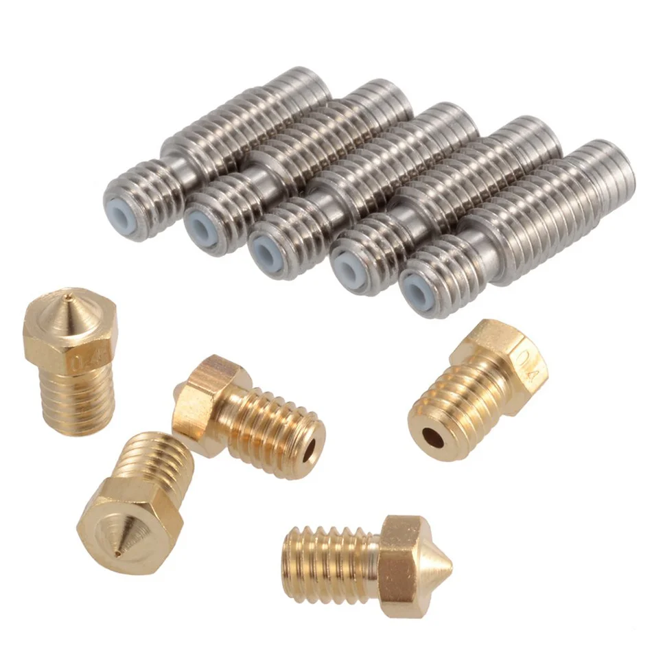 5pcs 3D 0.4mm Extruder Brass Nozzle Printer Head + 5pcs 1.75mm Stainless Steel Nozzles Throat with PTFE Tube for V6 Printer