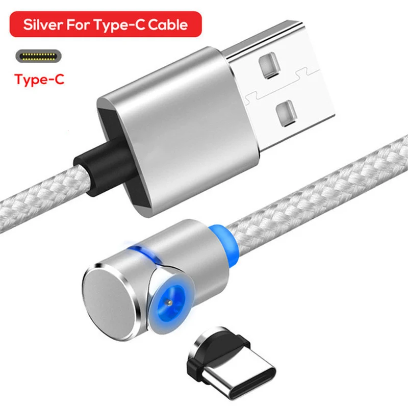 Магнитный usb-кабель 90 градусов 2.4A для зарядки iPhone 7 8 Plus XR Xs x Магнитный кабель Micro USB type C светодиодный заряднеое устройство type-C - Цвет: Silver Type C