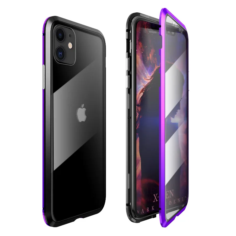 Для iPhone 11 Pro Max Чехол-Броня металлическая рамка Магнитная двойная закаленное стекло противоударный 360 чехол для iPhone 11 Pro Max чехол - Цвет: Black Purple