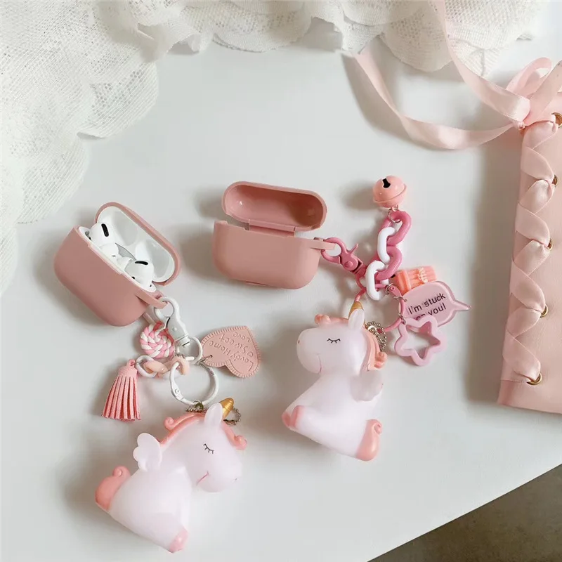 AirPods case Cartoon with keychain unicorn Accessories Silicone case fashion cute For Air pods 2  Protective Cover
