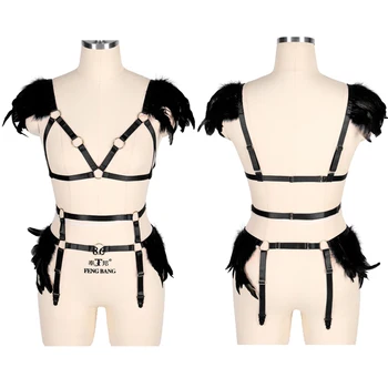 

Feather Epaulettes Harness Bra Plus Size Sexy Lingerie Set Caged Bralette Strappy Garter Belt Full Body Bondage Halloween Rave