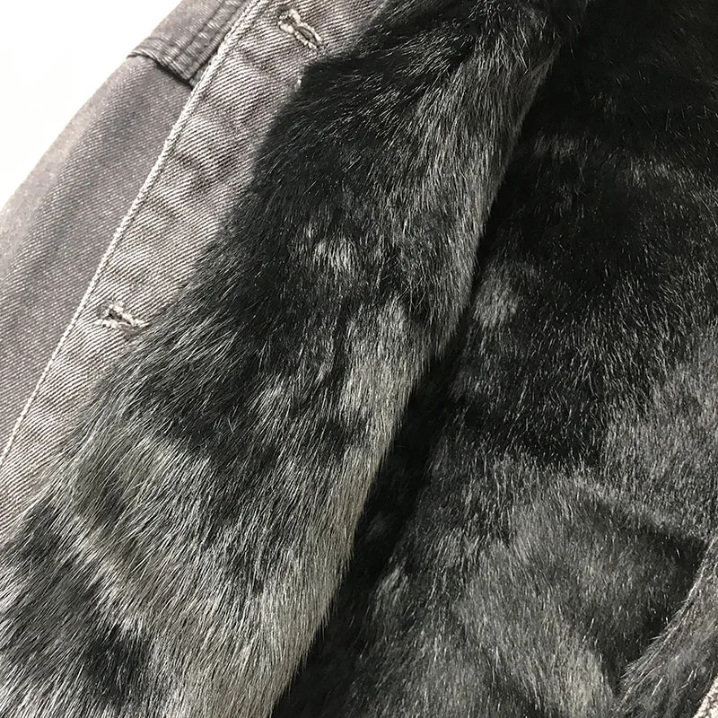 Натуральное меховое пальто зимняя куртка женская большая парка с воротником из натурального Лисьего меха Толстая теплая подкладка из кроличьего меха хлопковая стеганая джинсовая куртка