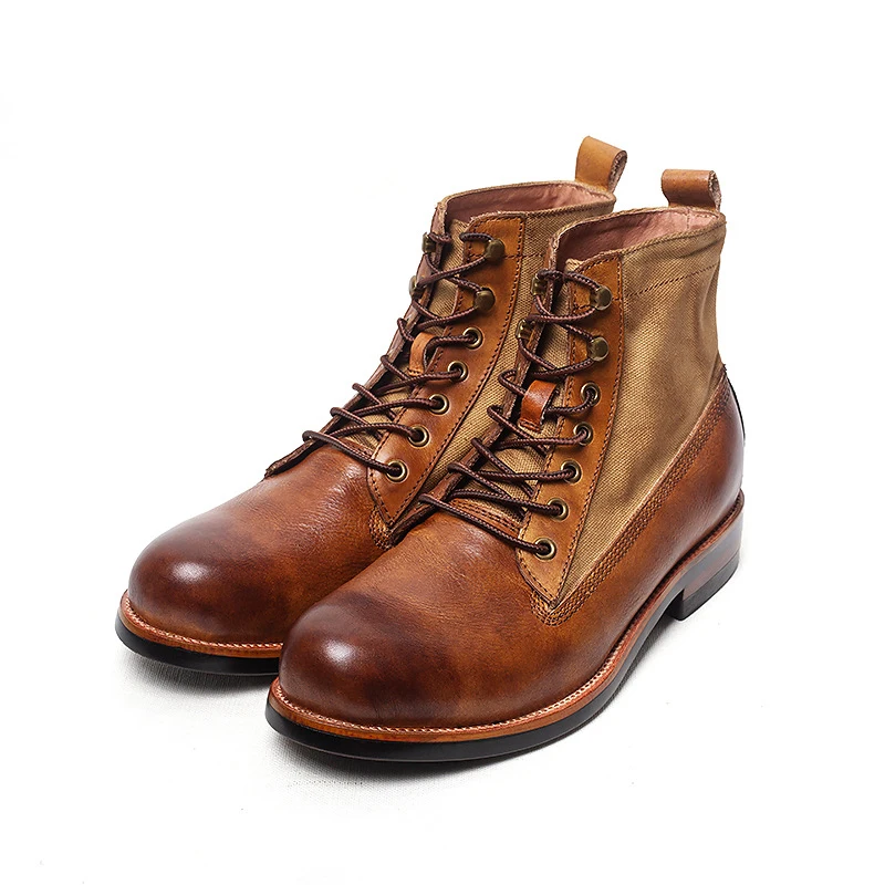 

American Vintage Men's Motorcycle Boots Real Leather Lace-up Boots