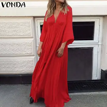 

Plus Size VONDA Women Flare Sleeve Sexy Deep V Neck Casual Loose Long Maxi Dress Solid Color Party Eveing Dresses Autumn Vestido