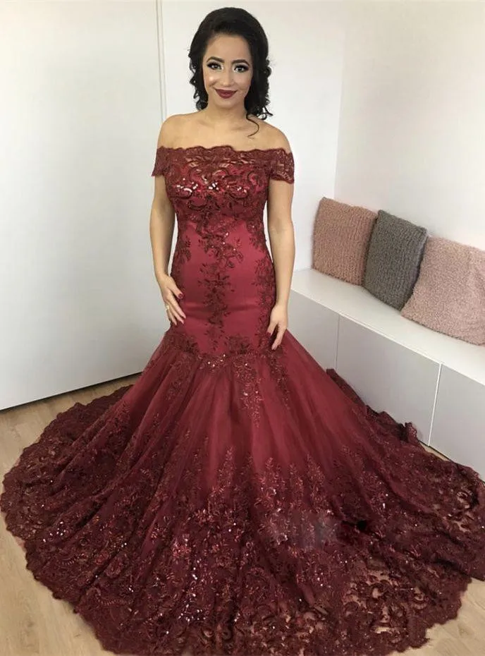 

Bling Bling Burgundy Evening Dresses Mermaid Lace Appliques Off the Shoulder Luxury Prom Dresses 2019 robe de soiree