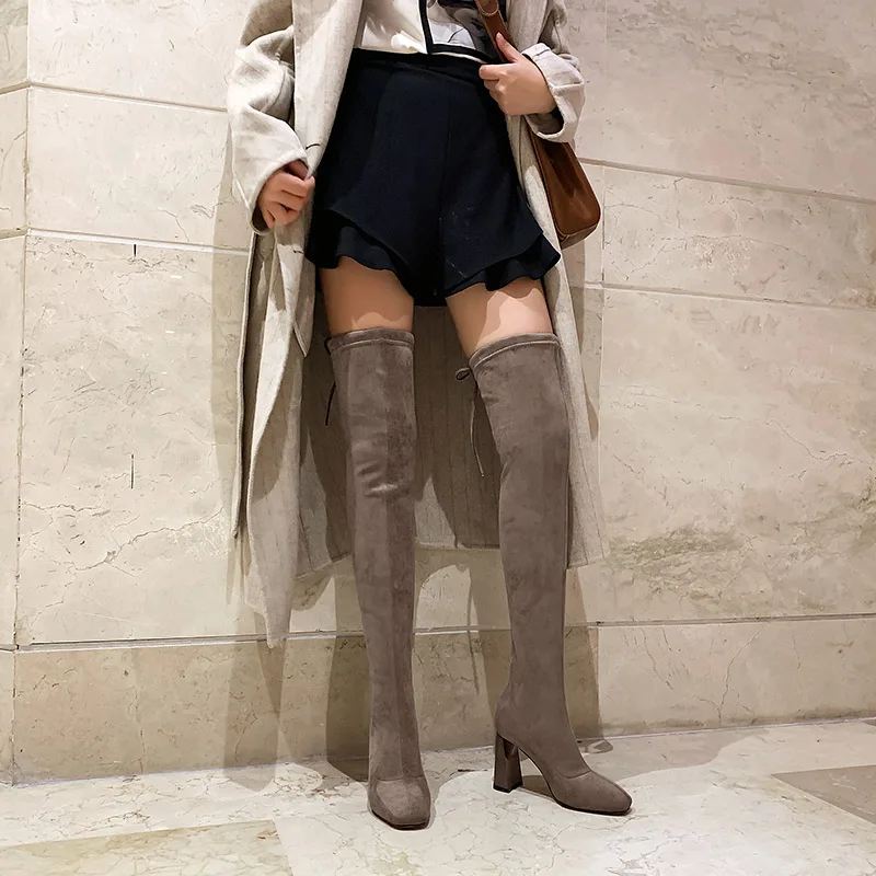 QUTAA Stretch Flock Square Heel Winter Warm Fur Women Shoes Round Toe Lace Up Casual Over The Knee High Boots Size 34-39