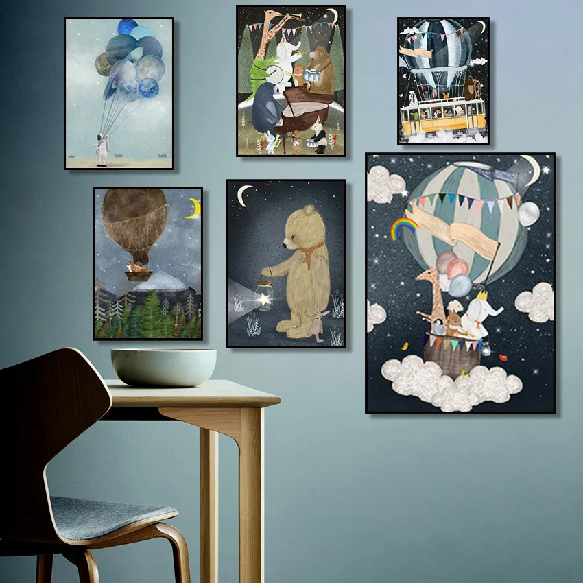 Astronaut-Planet-Space-Balloon-Wall-Art-Canvas-Prints-Posters-Cartoon-Animal-Bear-Wall-Pictures-For-Nursery