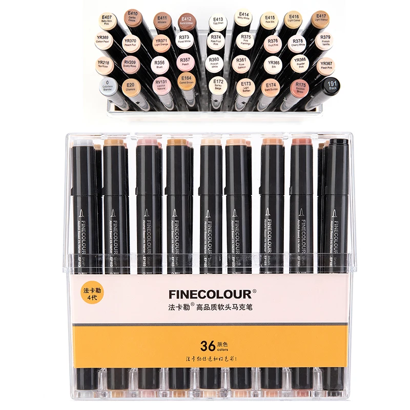 36colors-skin-set FINECOLOUR EF103 Двойные головки Профессиональный маркер для рисования ручка жирной спиртовой Маркер 12/24/36/48/60/72/240 Цвета мягкой головкой круглый стержень - Цвет: 36colors-skin-set