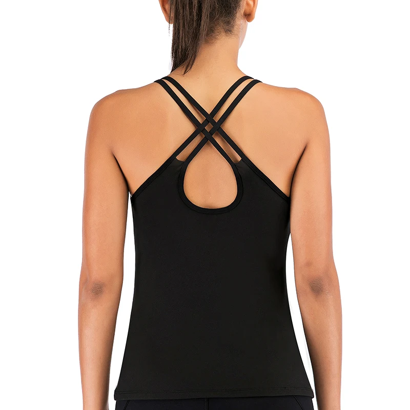 LEOQ Sexy Hollow Backless Solid Gym Crop Tops Women Yoga Vest Sports Workout Profession Padded Cross Fitness Athletic Shirts