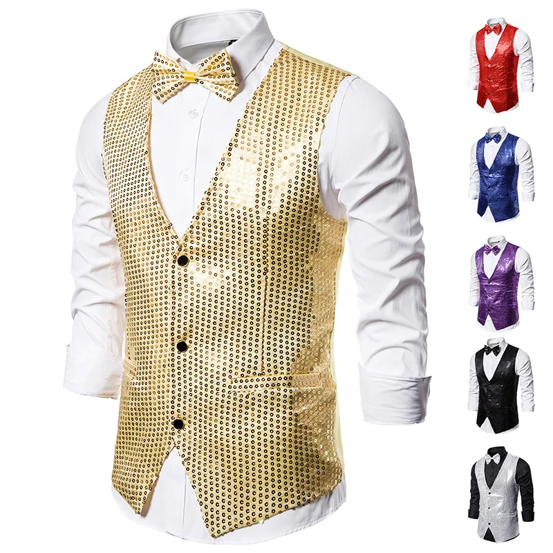 Men's Gold Shiny Sequins Vests with Bowtie Slim Fit V Neck Wedding Groom Waistcoat Men DJ Bar Stage Prom Paillette Gilet Homme