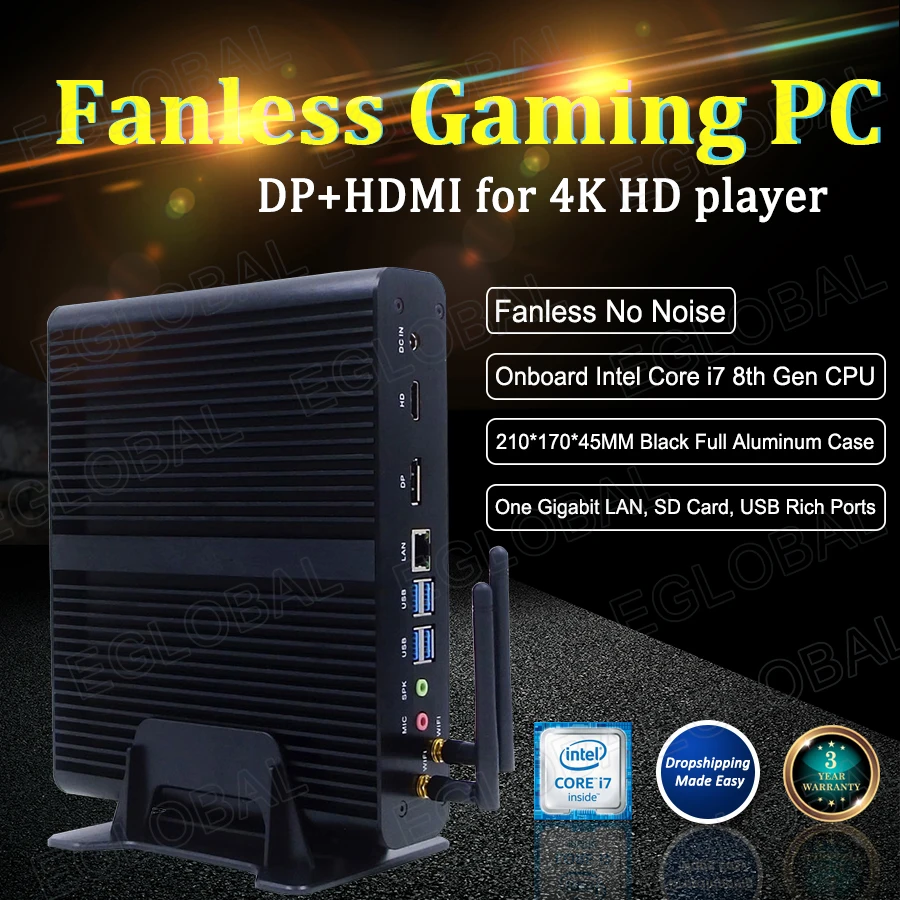  Eglobal Intel Core i7 8500U/8565U Fanless Mini PC Max 64GB RAM DDR4 Gaming Computer 4K HD2.0 DP1.2 
