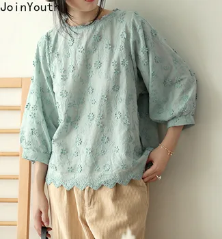 

Joinyouth 2020 Women Floral Embroidery Blouse Casual Nine Quarter Lantern Sleeve Cotton Tops Summer Causal Shirts Blusas 58628