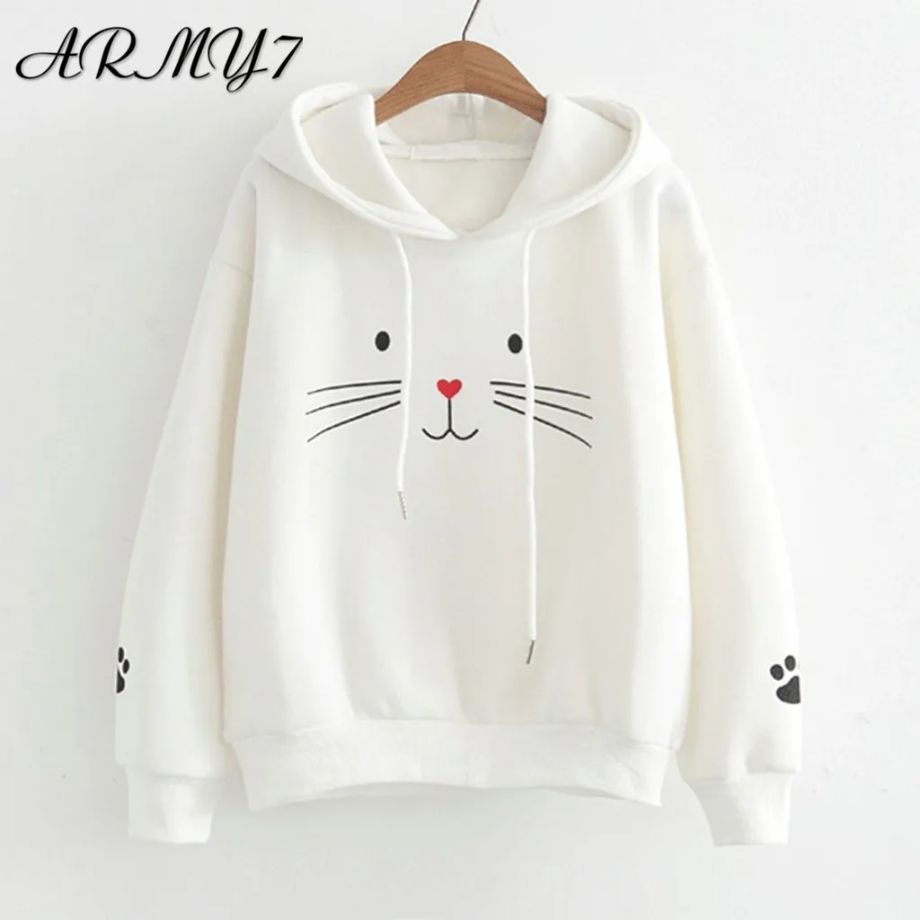 Kawaii милые кошки укороченный толстовки осень для женщин кошка печатных размера плюс толстовка maletom дамы с длинным рукавом шляпа Туника розовый Kpop bangtan