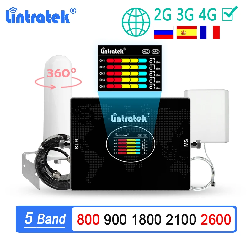 Lintratek Five Band 2G 3G 4G LTE усилитель сигнала B20 800 900 1800 2100 2600 B7 70 дБ GSM DCS WCDMA сотовый