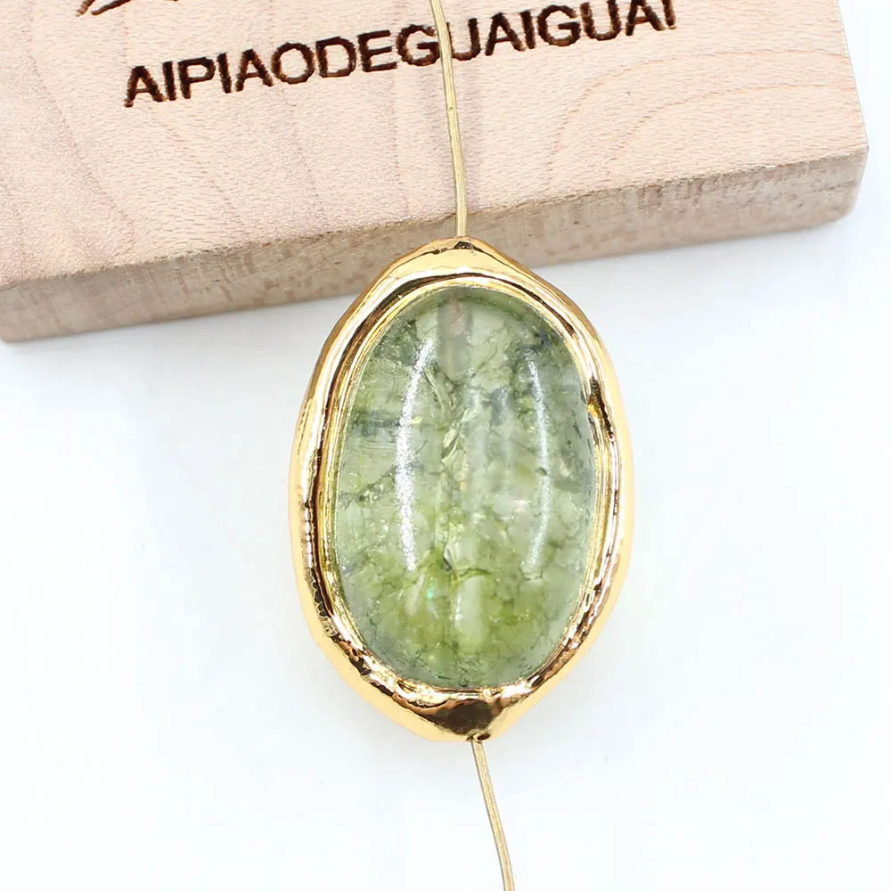5Pcs 16x25mm Gold Plated Natural Green Moss Glass Quartzs Nugget Gems Oval Beads For Necklace Pendant Jewelry DIY