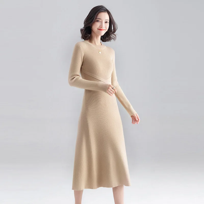 INNASOFAN knitted dress women Autumn Winter long-sleeved dress Euro-American fashion chic dress solid color - Цвет: Бежевый