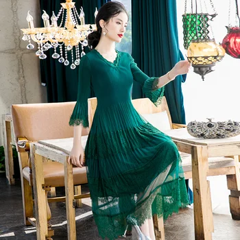 

Plus Size Dress Green For Women 45-75kg 2020 Spring V Neck Flare Sleeve Mesh Patchwork Elastic Miyake Pleated Slim Pleated Dress
