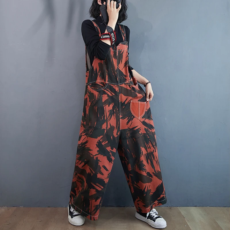 #1432 High Waisted Wide Leg Jumpsuits Women Loose Plus Size Denim Overalls For Long Jeans Tie Dye Printed Spring |