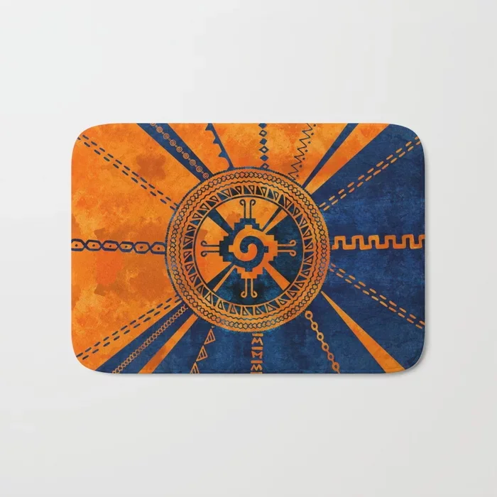 Nordic Doormat Mayan Symbol Orange And Blue Bath Rug Nonslip Floor