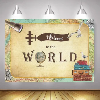 

Welcome to the World Theme Party Photo Background Newborn Birthday Backdrop Photography Globe Telescope Baby Shower Photocall