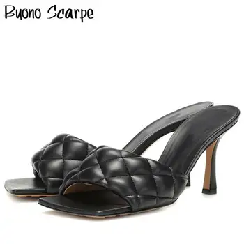 

Square Toe Leather High Heel Slides Women Rhombus Madame High Heel Shoes Woman Sandals Casual Sexy Sandals Lady Mules Clogs 2020